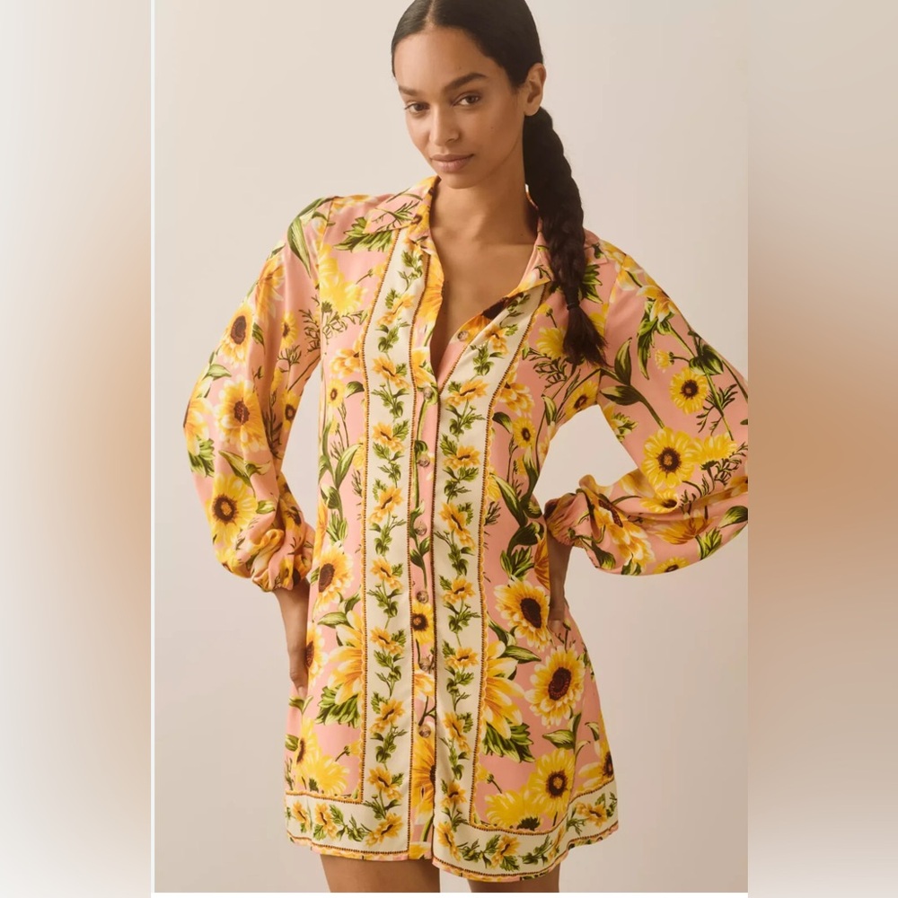 FARM Rio X Anthropologie Pink and Yellow Floral Long Sleeve Dress
